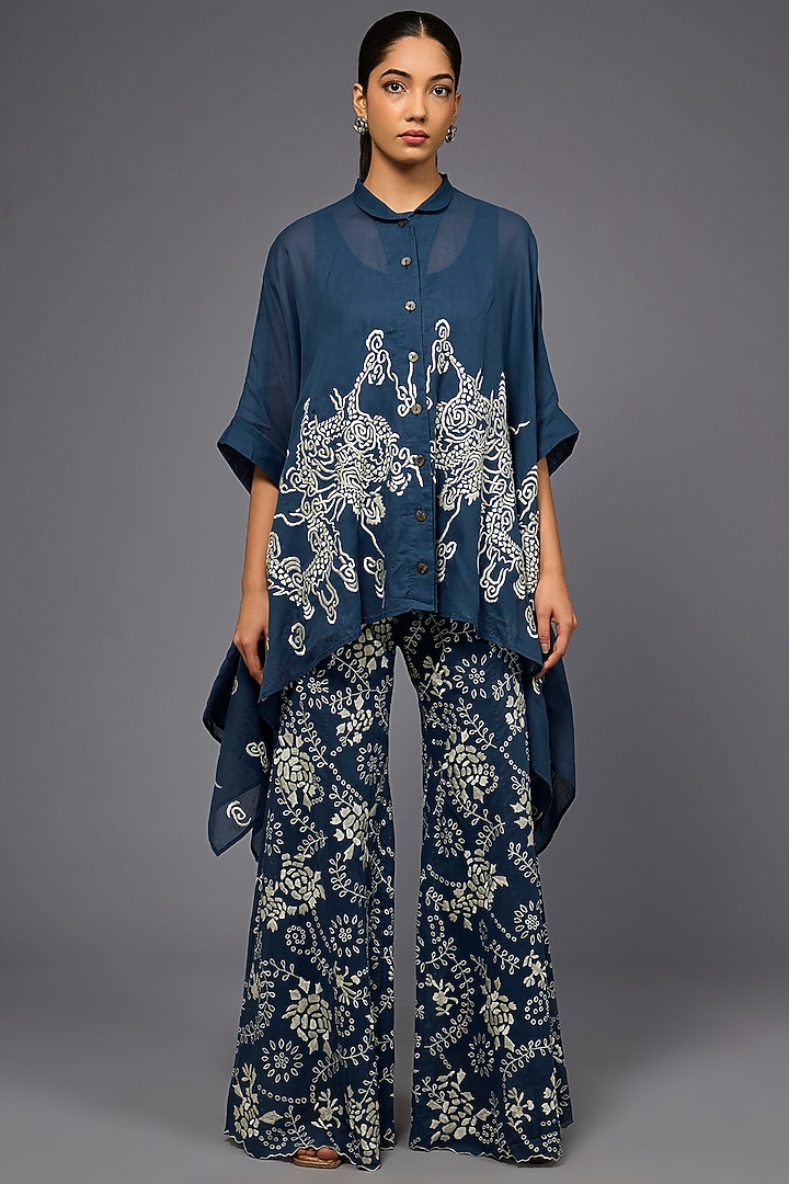 Space Blue & Ecru Handloom Cotton Thread Embroidered Shirt by Peachoo at Pernia's Pop Up Shop