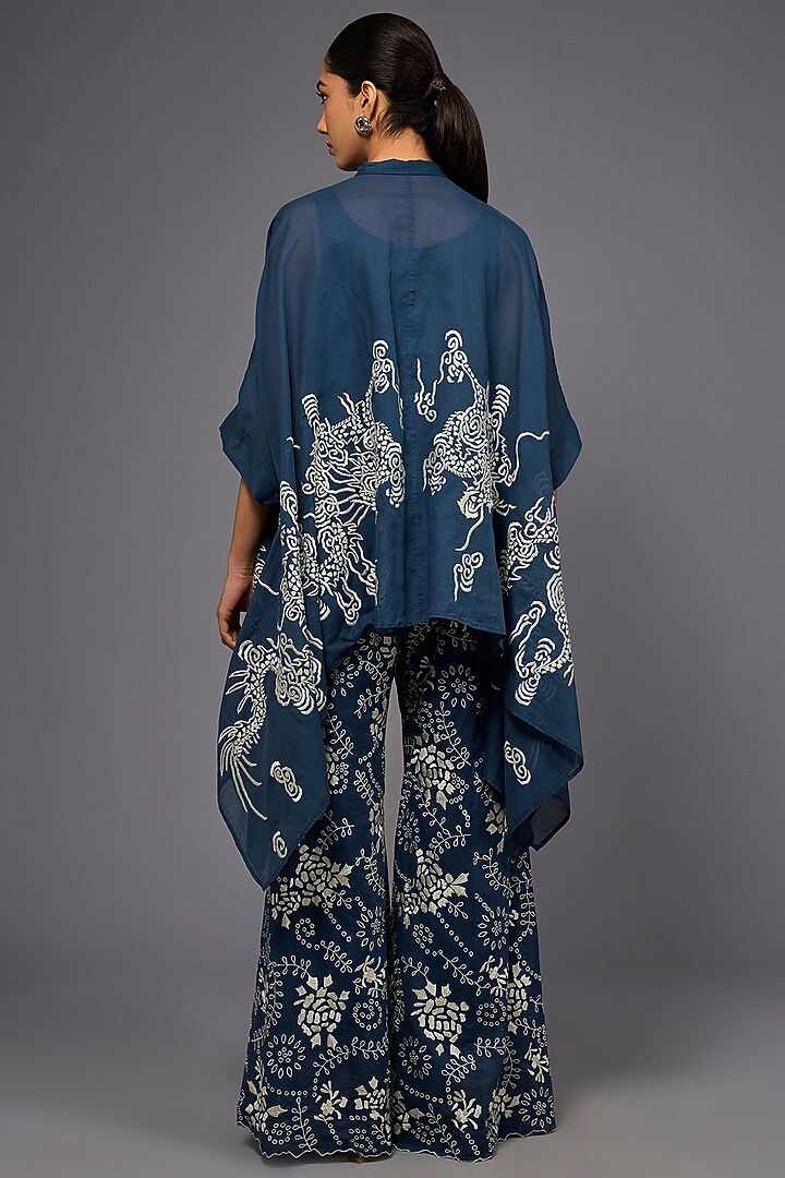Space Blue & Ecru Handloom Cotton Thread Embroidered Shirt by Peachoo at Pernia's Pop Up Shop