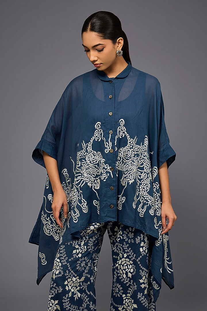 Space Blue & Ecru Handloom Cotton Thread Embroidered Shirt by Peachoo at Pernia's Pop Up Shop