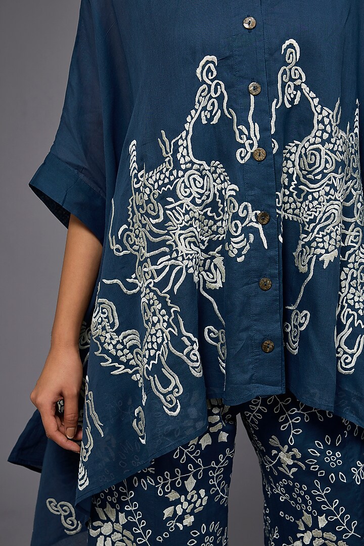 Space Blue & Ecru Handloom Cotton Thread Embroidered Shirt by Peachoo at Pernia's Pop Up Shop
