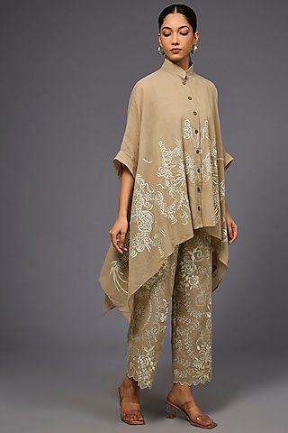 Natural Ecru Handloom Cotton Thread Embroidered Shirt by Peachoo