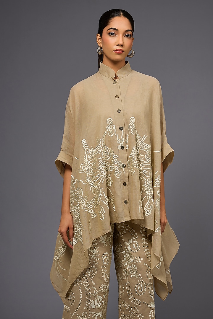 Natural Ecru Handloom Cotton Thread Embroidered Shirt by Peachoo at Pernia's Pop Up Shop