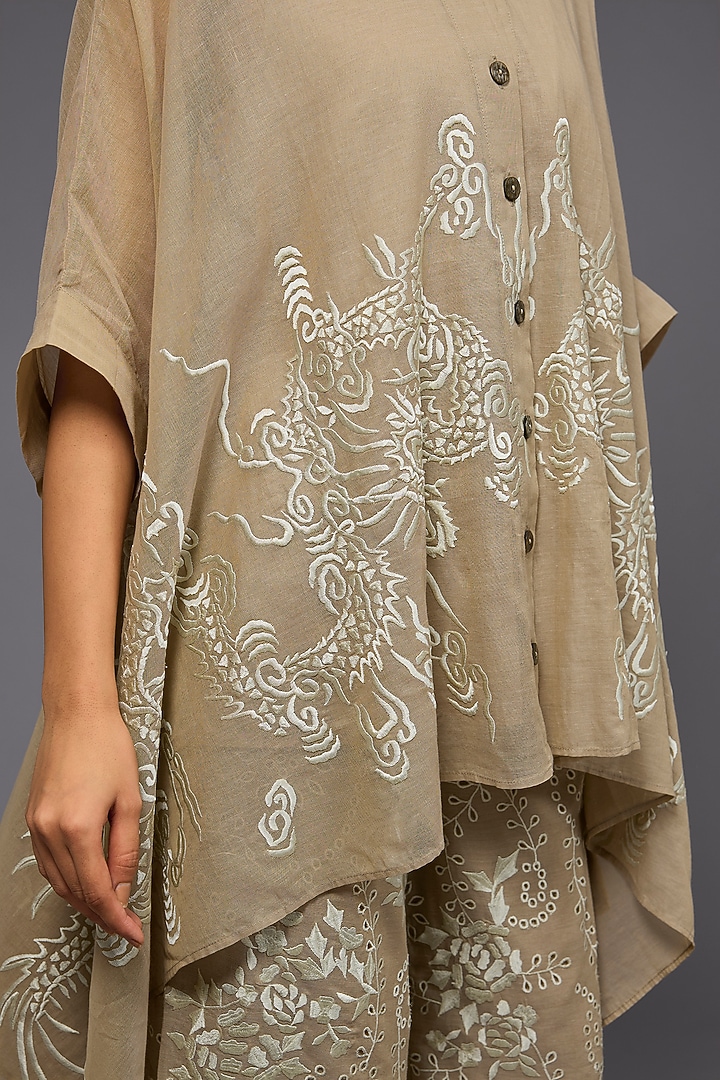 Natural Ecru Handloom Cotton Thread Embroidered Shirt by Peachoo at Pernia's Pop Up Shop