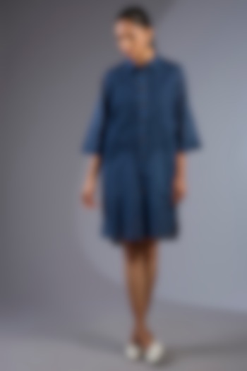 Space Blue Cotton Handloom Summer Shirt Dress by Peachoo at Pernia's Pop Up Shop