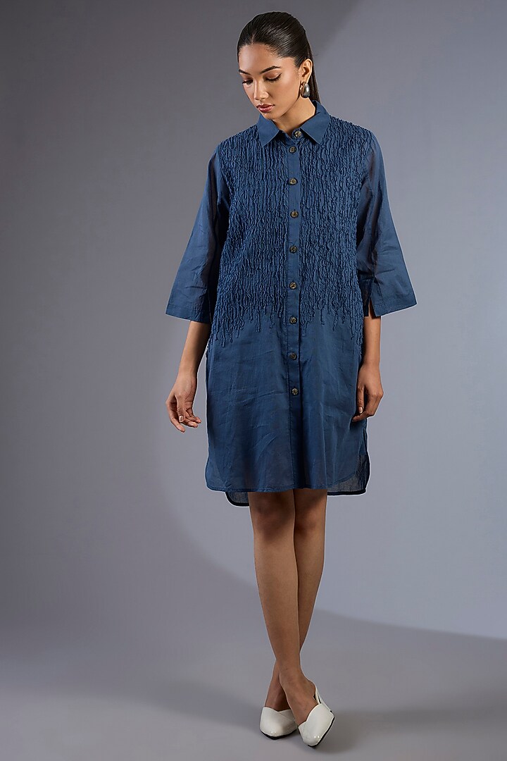 Space Blue Cotton Handloom Summer Shirt Dress by Peachoo at Pernia's Pop Up Shop