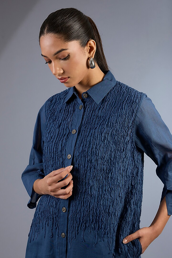 Space Blue Cotton Handloom Summer Shirt Dress by Peachoo at Pernia's Pop Up Shop