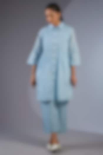 Ice Blue Cotton Handloom Shirt-Style Kurta by Peachoo at Pernia's Pop Up Shop