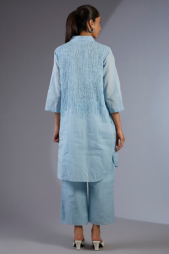 Ice Blue Cotton Handloom Shirt-Style Kurta by Peachoo at Pernia's Pop Up Shop