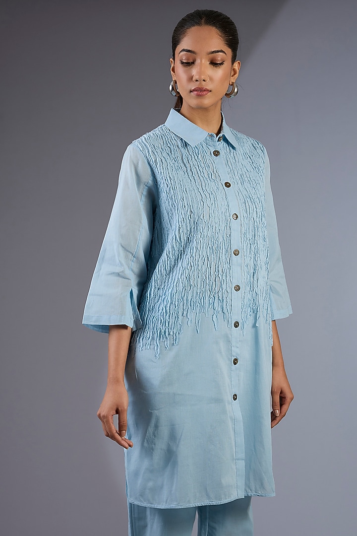 Ice Blue Cotton Handloom Shirt-Style Kurta by Peachoo at Pernia's Pop Up Shop