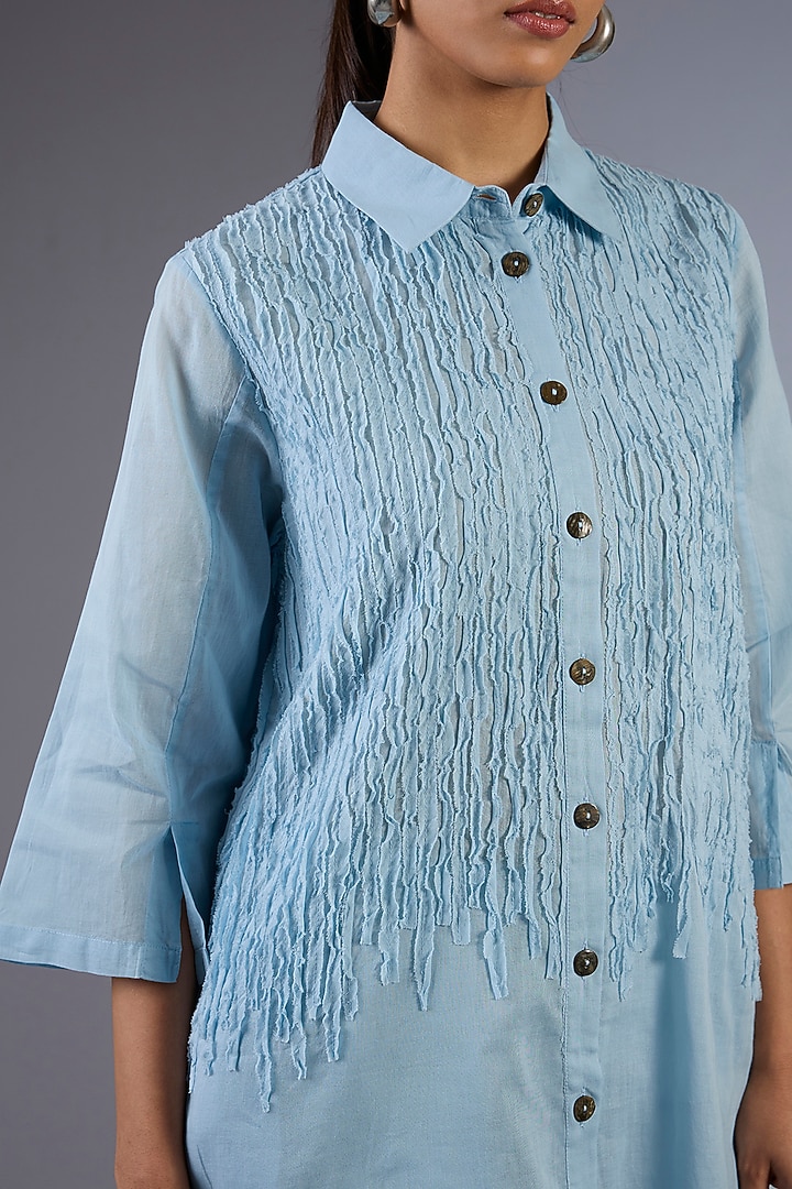 Ice Blue Cotton Handloom Shirt-Style Kurta by Peachoo at Pernia's Pop Up Shop