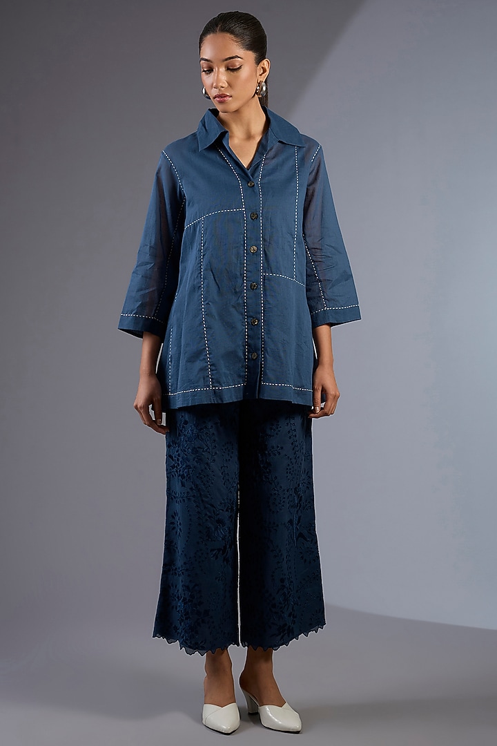 Space Blue Cotton Handloom Shirt by Peachoo at Pernia's Pop Up Shop