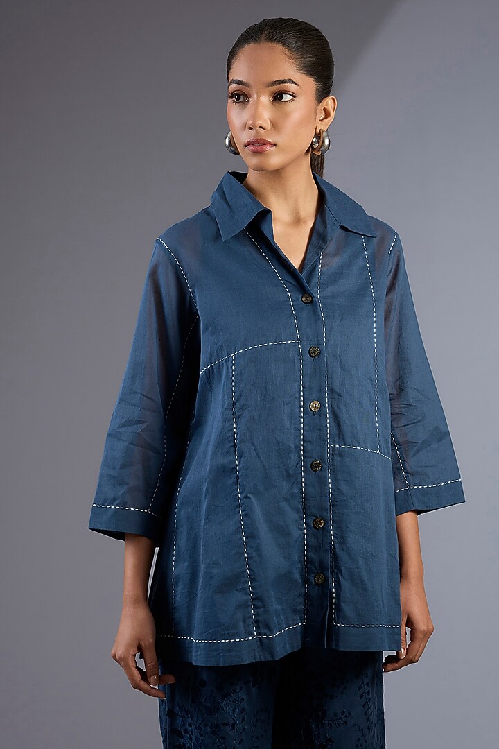 Space Blue Cotton Handloom Shirt by Peachoo at Pernia's Pop Up Shop