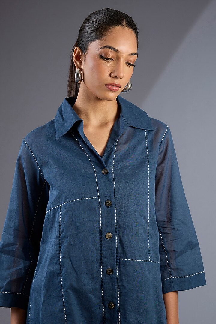 Space Blue Cotton Handloom Shirt by Peachoo at Pernia's Pop Up Shop