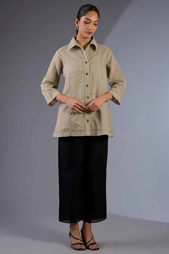 Beige Cotton Handloom Shirt by Peachoo at Pernia's Pop Up Shop