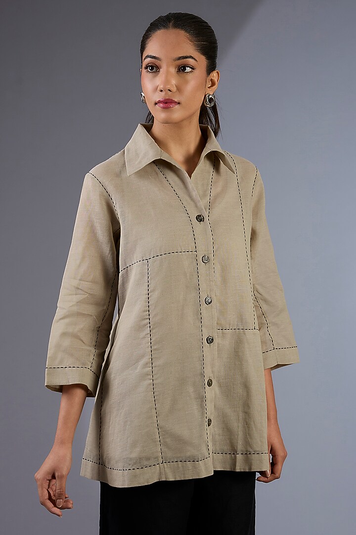 Beige Cotton Handloom Shirt by Peachoo at Pernia's Pop Up Shop