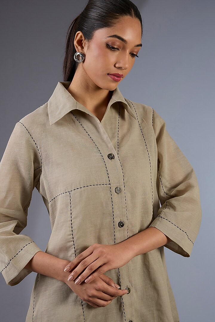 Beige Cotton Handloom Shirt by Peachoo at Pernia's Pop Up Shop