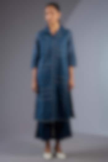 Space Blue Cotton Handloom Kurta by Peachoo at Pernia's Pop Up Shop