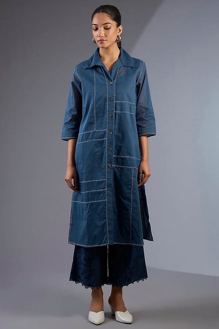 Space Blue Cotton Handloom Kurta by Peachoo at Pernia's Pop Up Shop