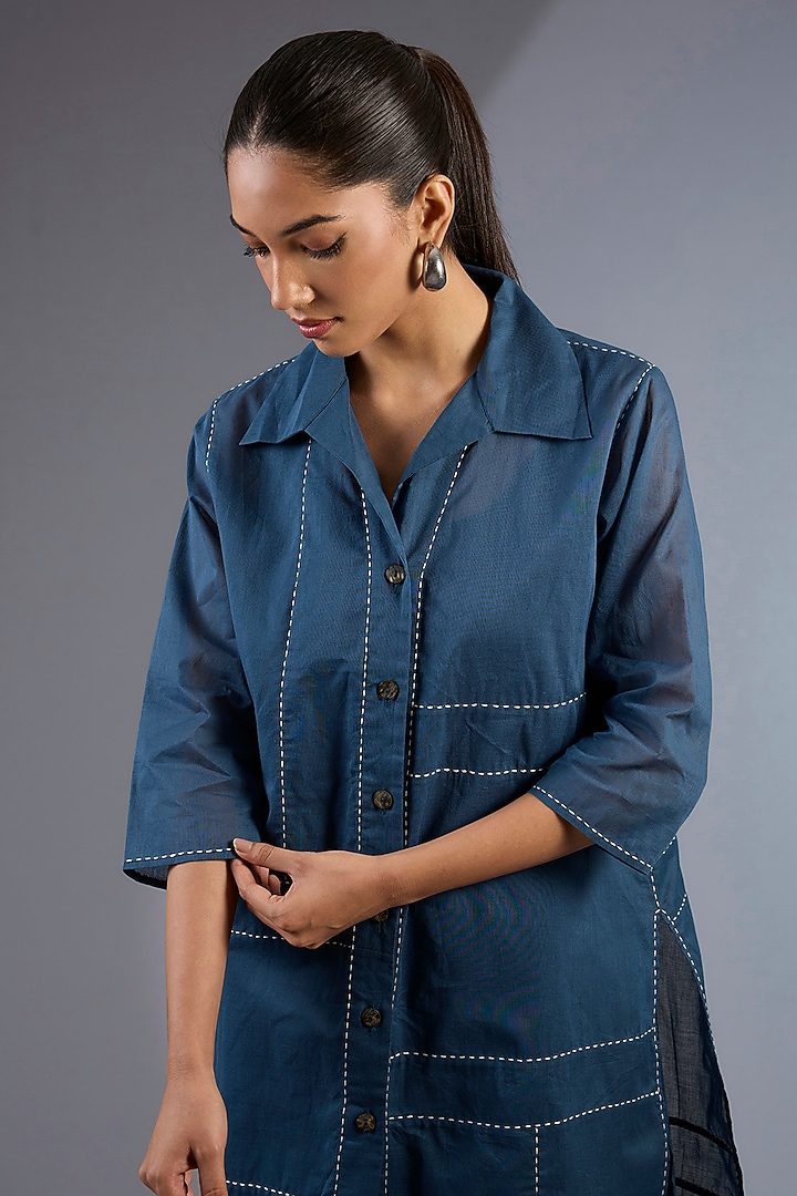 Space Blue Cotton Handloom Kurta by Peachoo at Pernia's Pop Up Shop