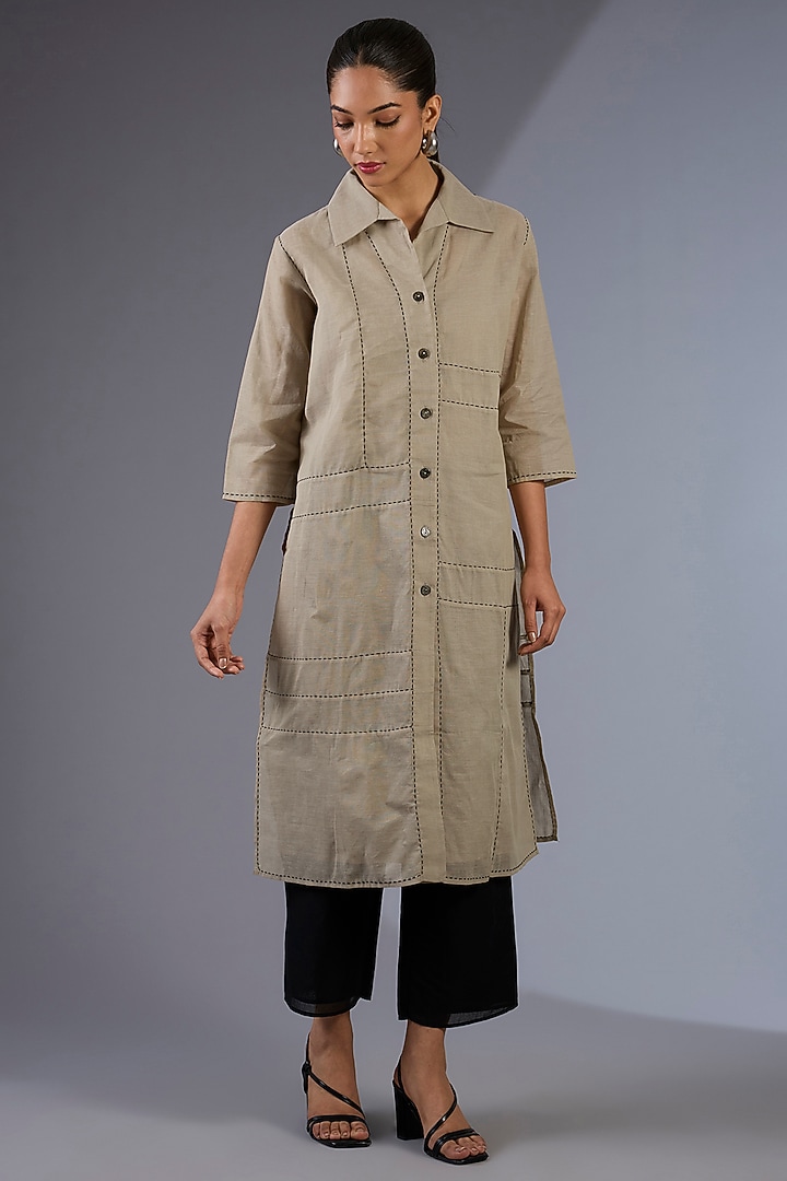 Beige Cotton Handloom Kurta by Peachoo at Pernia's Pop Up Shop