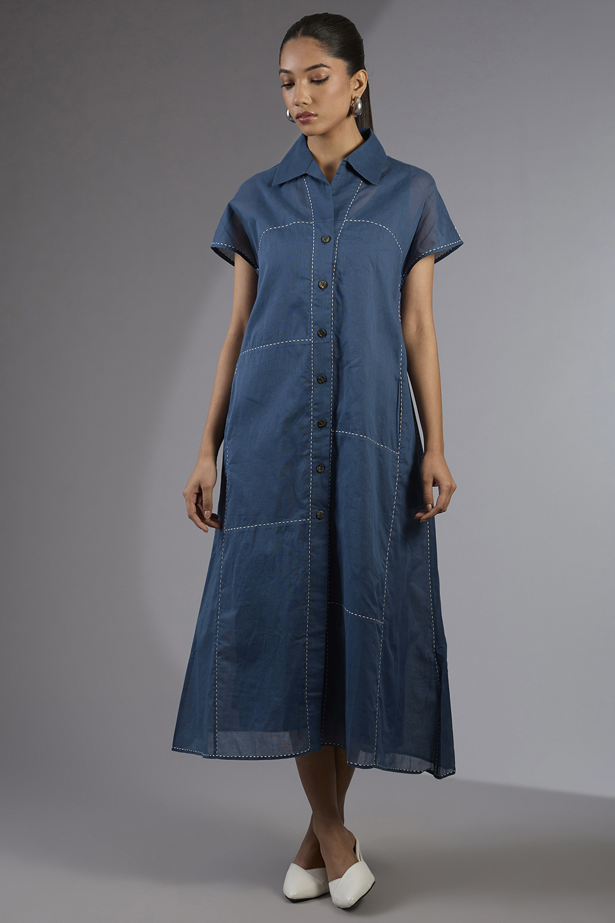 Space Blue Cotton Handloom Dress by Peachoo at Pernia's Pop Up Shop