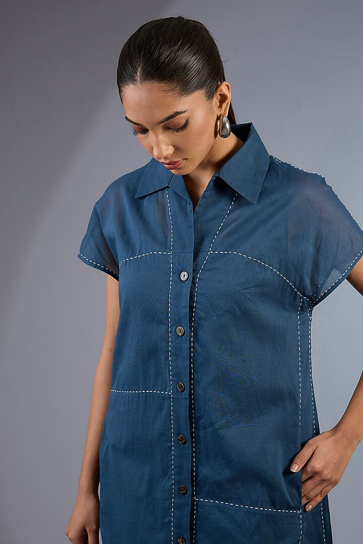 Space Blue Cotton Handloom Summer Dress by Peachoo at Pernia's Pop Up Shop