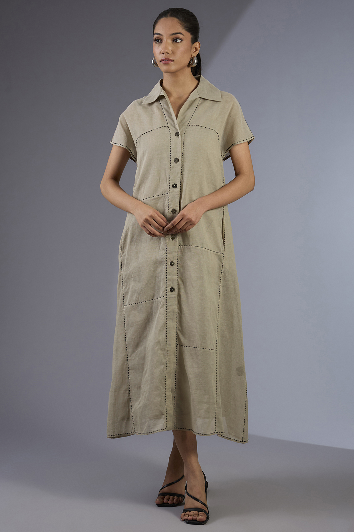 Beige Cotton Handloom Dress by Peachoo at Pernia's Pop Up Shop
