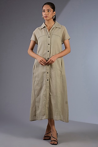 Beige Cotton Handloom Dress by Peachoo