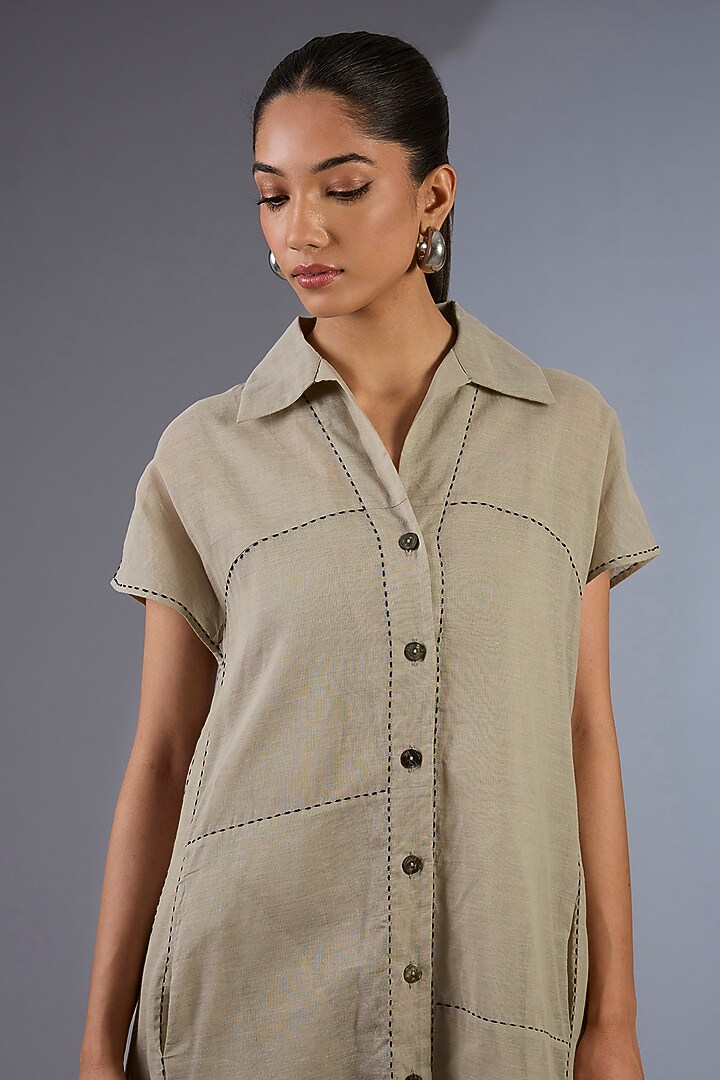 Beige Cotton Handloom Summer Dress by Peachoo at Pernia's Pop Up Shop
