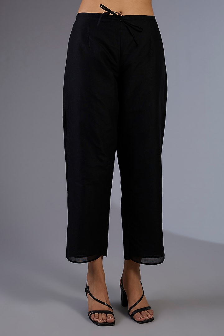 Black Cotton Handloom Straight Pants by Peachoo at Pernia's Pop Up Shop