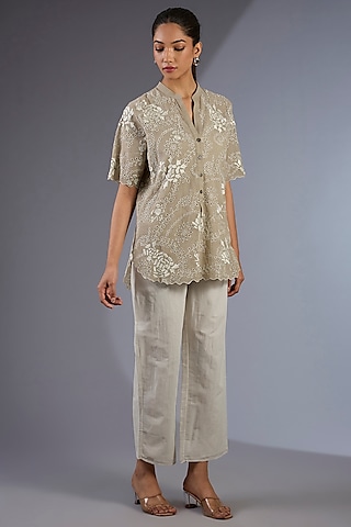 Ecru Cotton Handloom Straight Pants by Peachoo