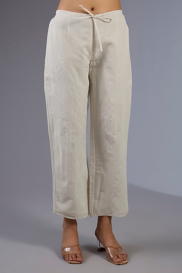 Ecru Cotton Handloom Straight Pants by Peachoo at Pernia's Pop Up Shop