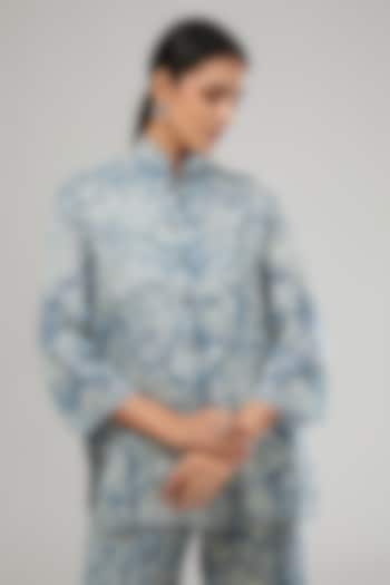 Blue Handloom Cotton Thread Embroidered Shirt by Peachoo at Pernia's Pop Up Shop