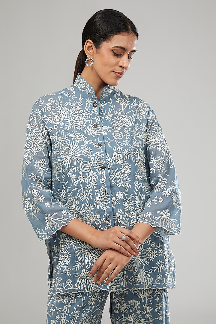 Blue Handloom Cotton Thread Embroidered Shirt by Peachoo at Pernia's Pop Up Shop