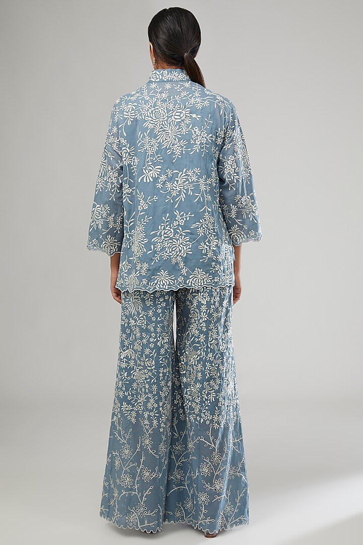 Blue Handloom Cotton Thread Embroidered Shirt by Peachoo at Pernia's Pop Up Shop