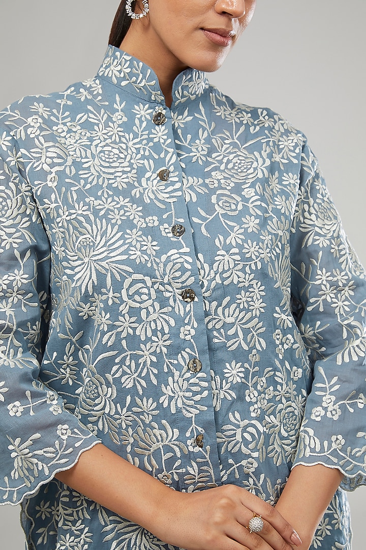 Blue Handloom Cotton Thread Embroidered Shirt by Peachoo at Pernia's Pop Up Shop