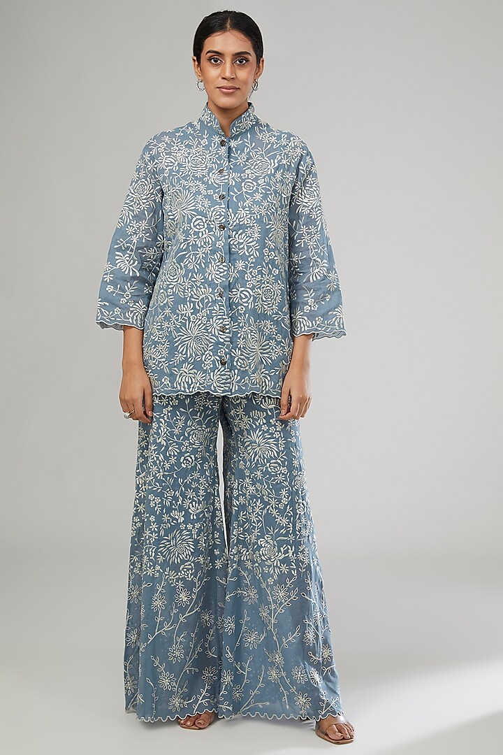 Blue Handloom Cotton Thread Embroidered Shirt by Peachoo at Pernia's Pop Up Shop