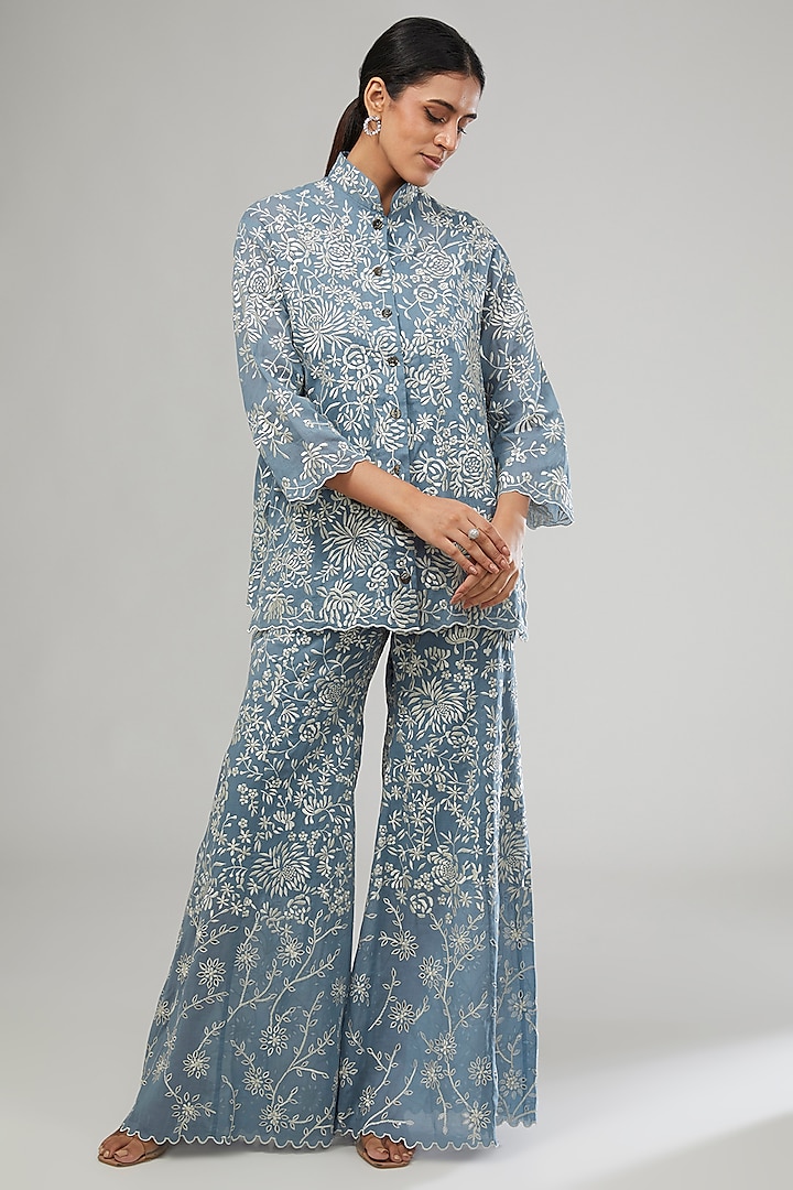 Blue Cotton Thread & Cutwork Embroidered Pants by Peachoo at Pernia's Pop Up Shop