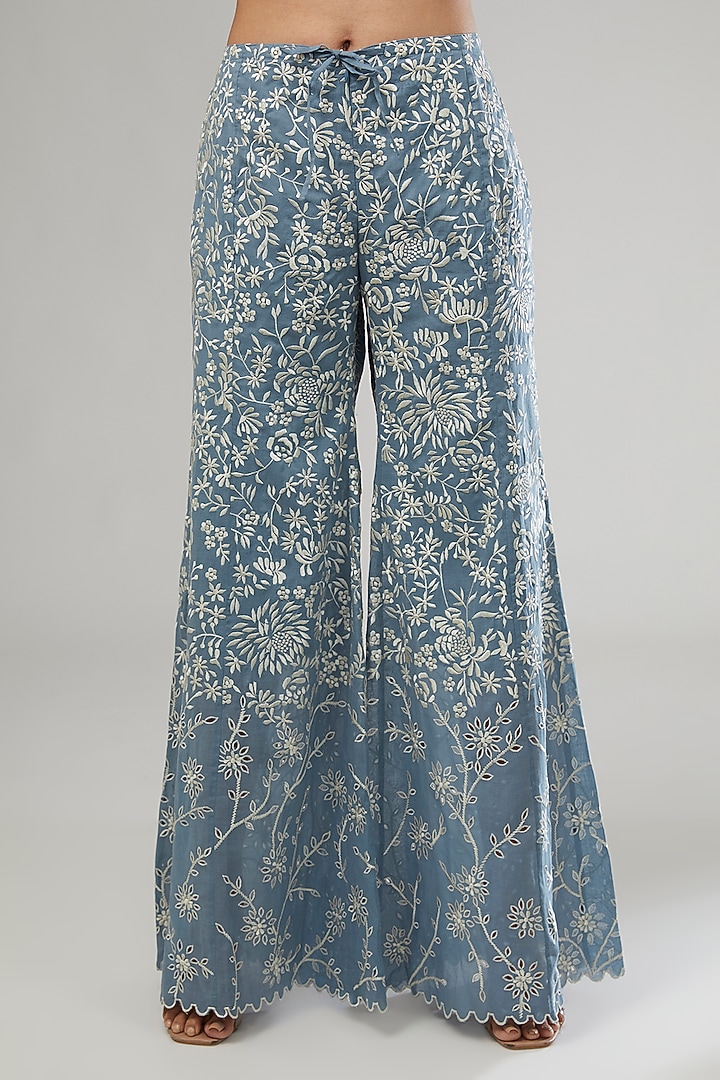 Blue Cotton Thread & Cutwork Embroidered Pants by Peachoo at Pernia's Pop Up Shop