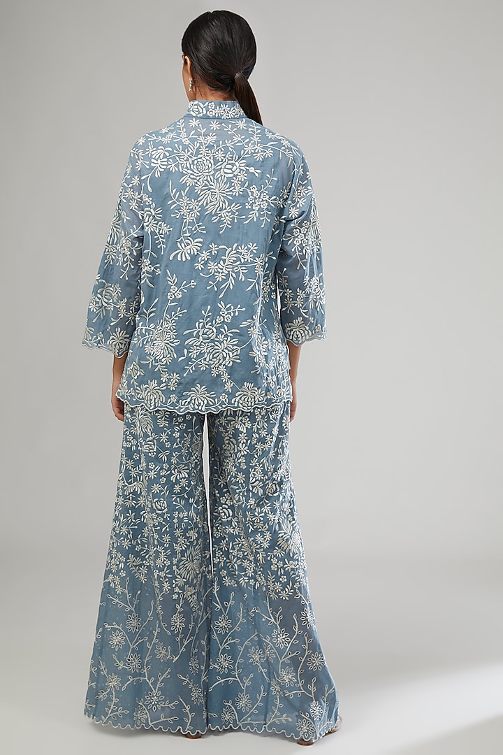 Blue Cotton Thread & Cutwork Embroidered Pants by Peachoo at Pernia's Pop Up Shop