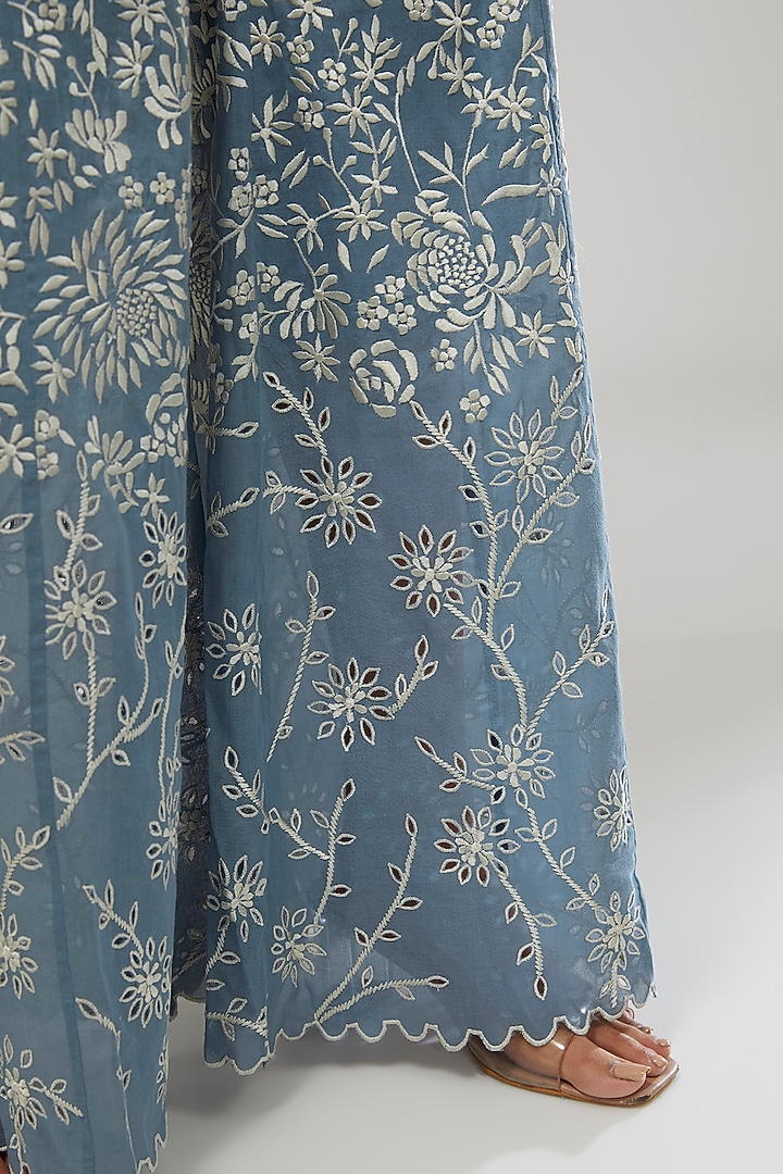Blue Cotton Thread & Cutwork Embroidered Pants by Peachoo at Pernia's Pop Up Shop