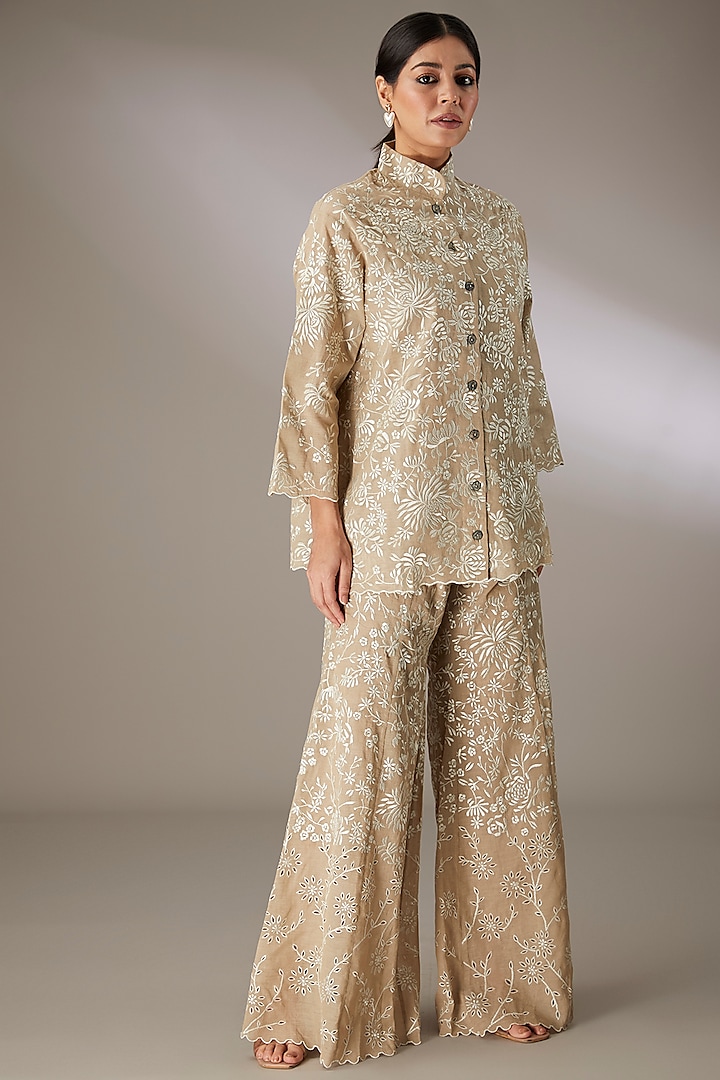 Beige Handloom Cotton Thread Embroidered Shirt by Peachoo at Pernia's Pop Up Shop