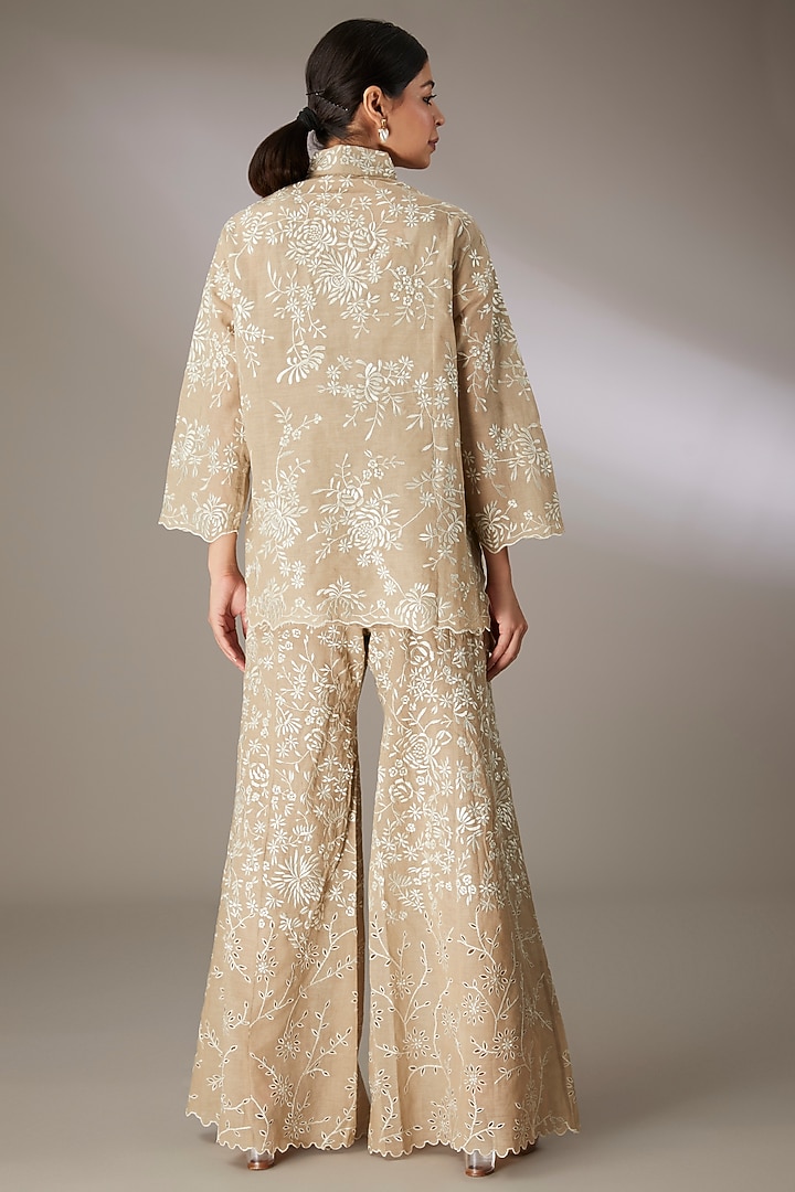 Beige Handloom Cotton Thread Embroidered Shirt by Peachoo at Pernia's Pop Up Shop