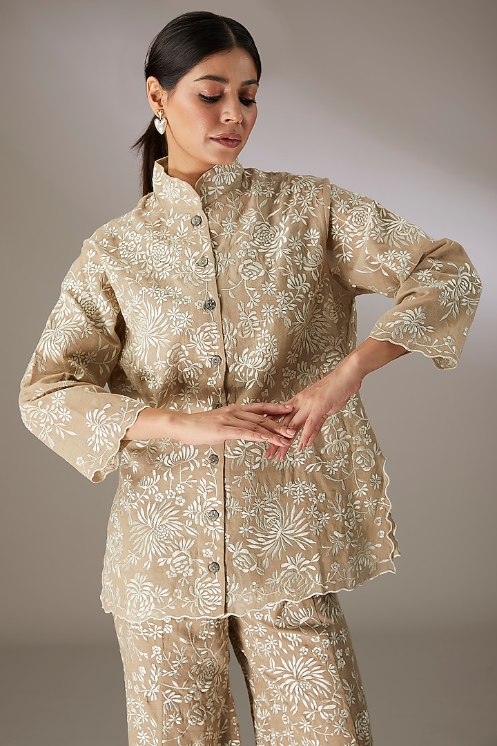 Beige Handloom Cotton Thread Embroidered Shirt by Peachoo at Pernia's Pop Up Shop