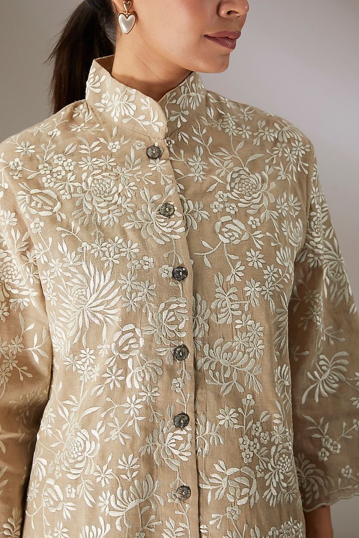 Beige Handloom Cotton Thread Embroidered Shirt by Peachoo at Pernia's Pop Up Shop
