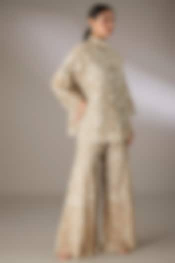 Beige Cotton Thread & Cutwork Embroidered Pants by Peachoo at Pernia's Pop Up Shop