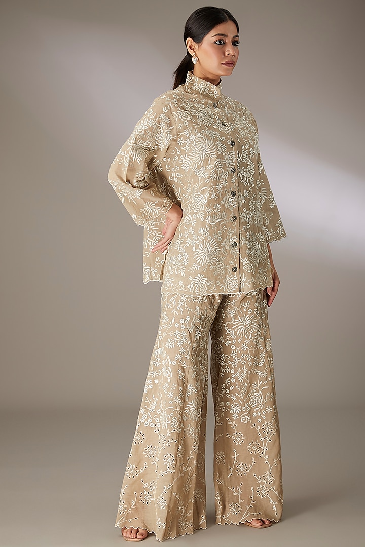 Beige Cotton Thread & Cutwork Embroidered Pants by Peachoo at Pernia's Pop Up Shop