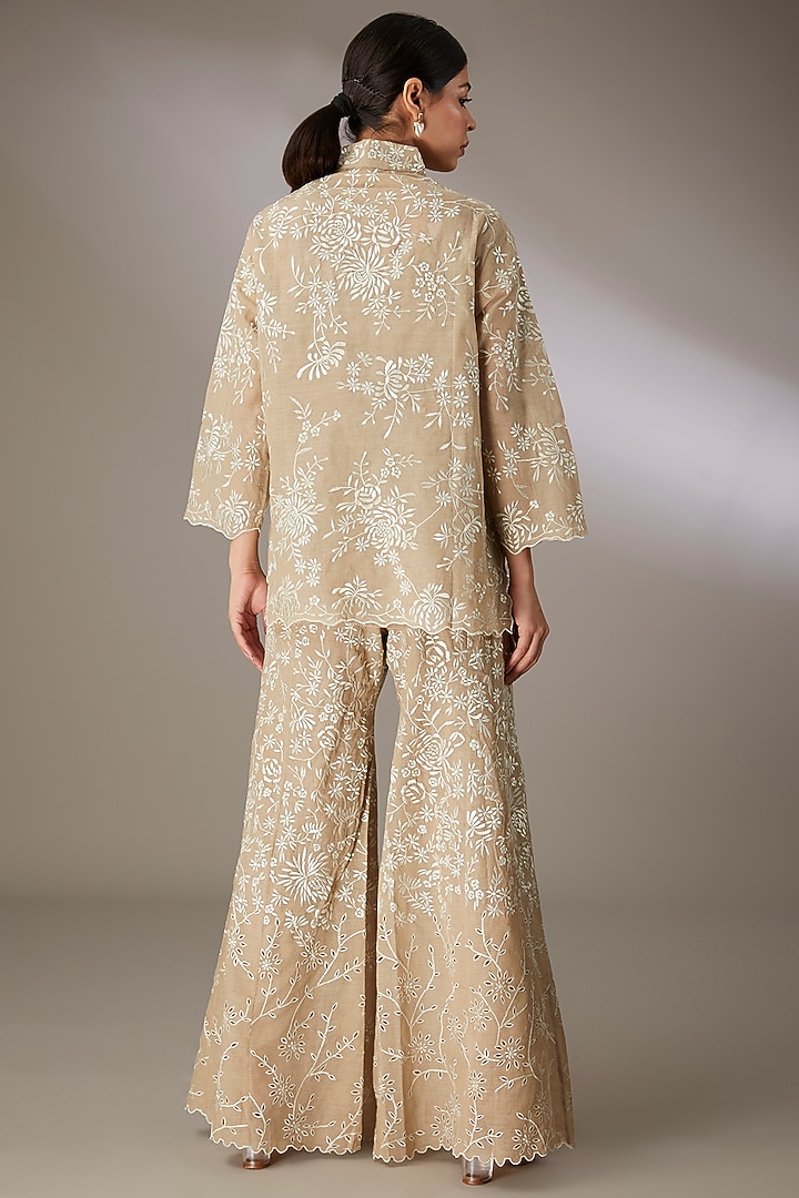 Beige Cotton Thread & Cutwork Embroidered Pants by Peachoo at Pernia's Pop Up Shop