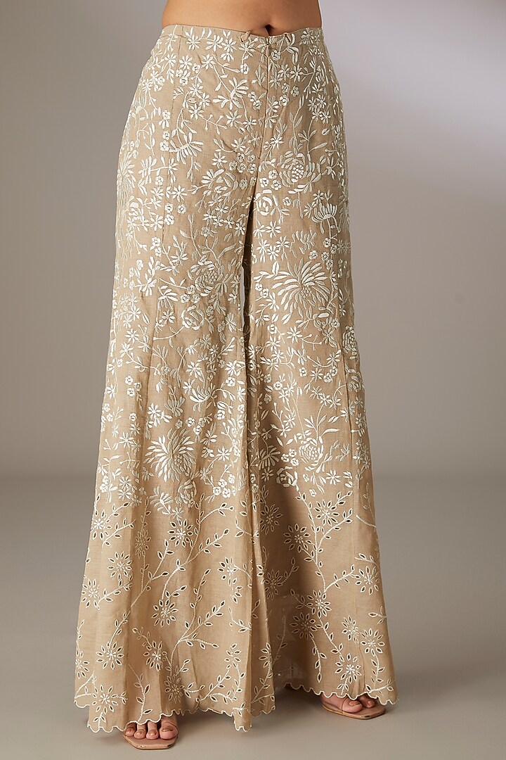 Beige Cotton Thread & Cutwork Embroidered Pants by Peachoo at Pernia's Pop Up Shop