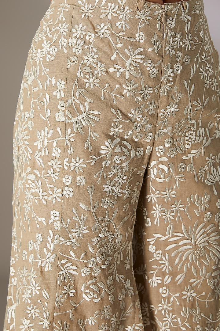 Beige Cotton Thread & Cutwork Embroidered Pants by Peachoo at Pernia's Pop Up Shop
